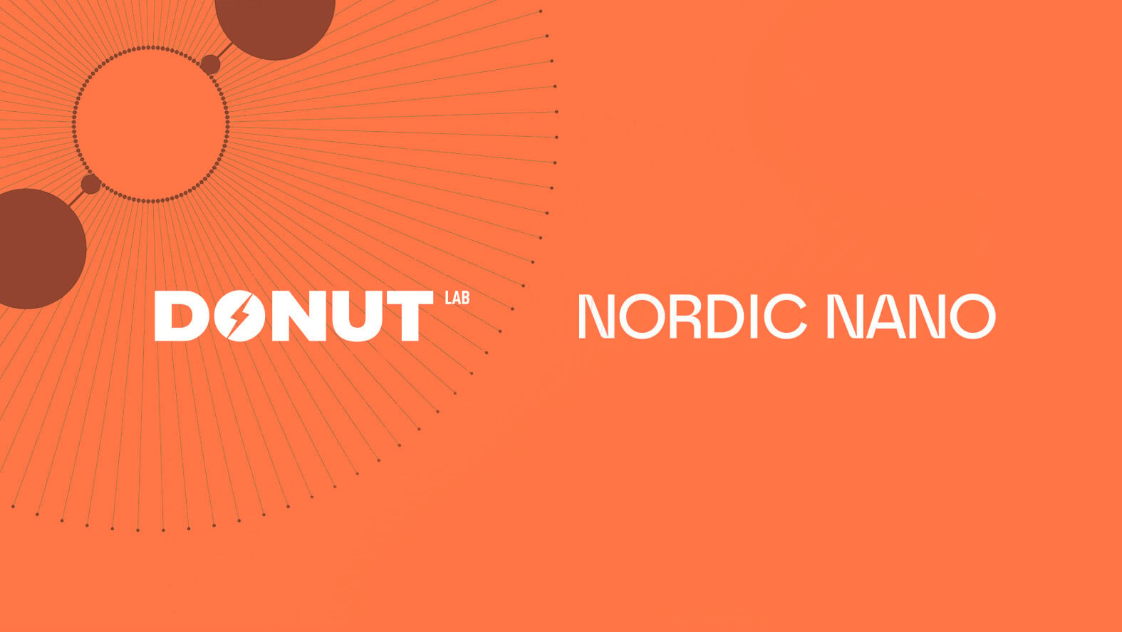 Orange graphic with circular patterns and dots on the left. Text on the left reads “DONUT LAB,” and on the right, “NORDIC NANO.” Modern, minimalist design.