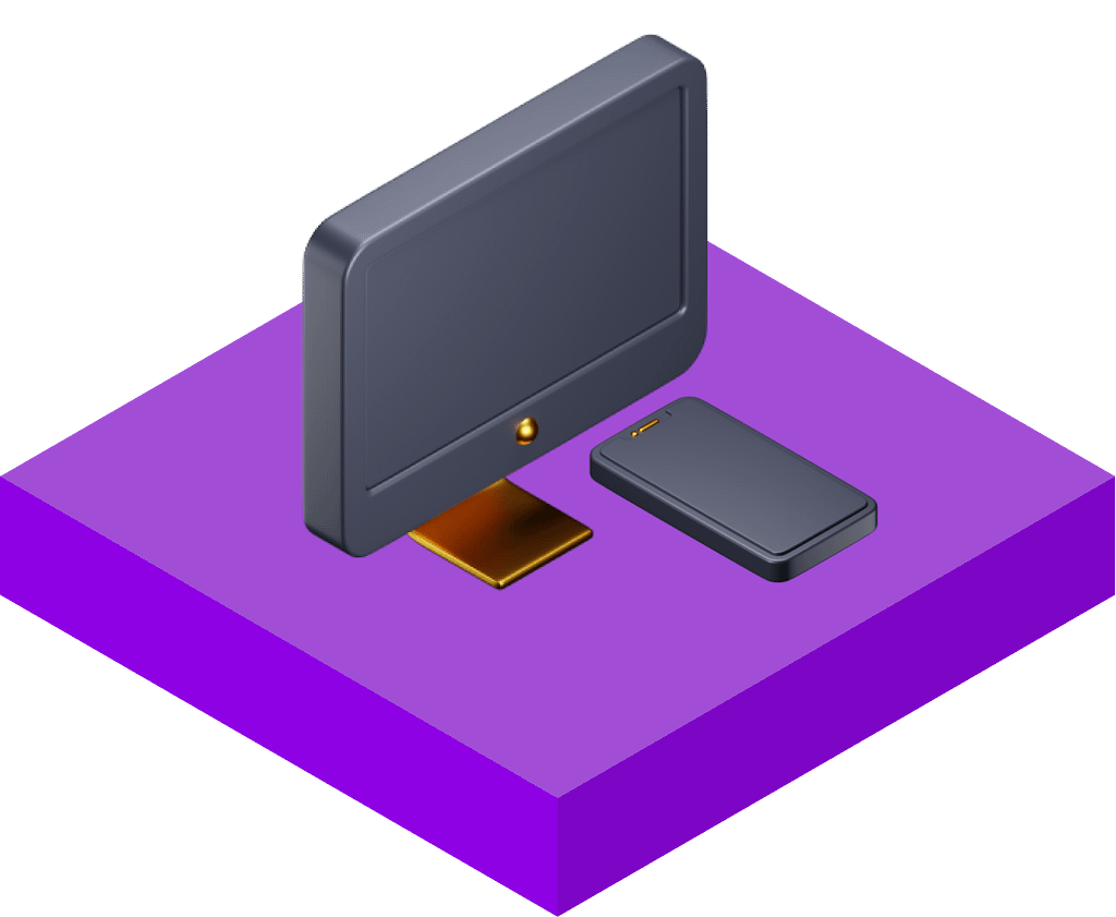 Computer screen and mobile icons on a violet platform