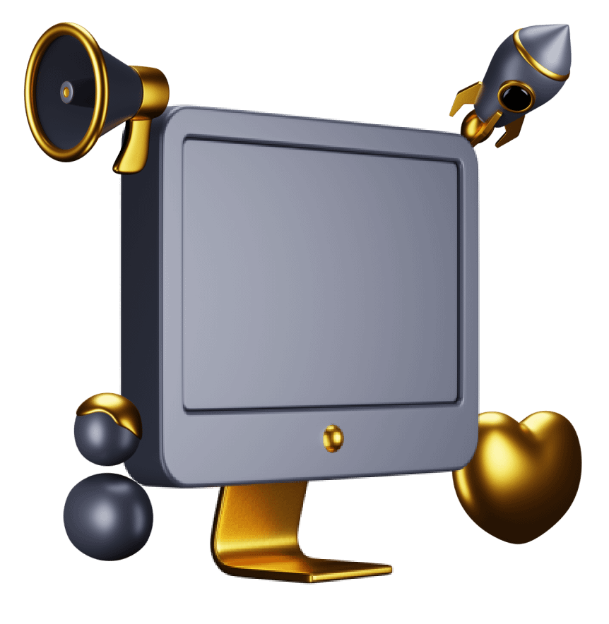 Computer screen icon surrounded by icons of a person, heart, megaphone and a rocket