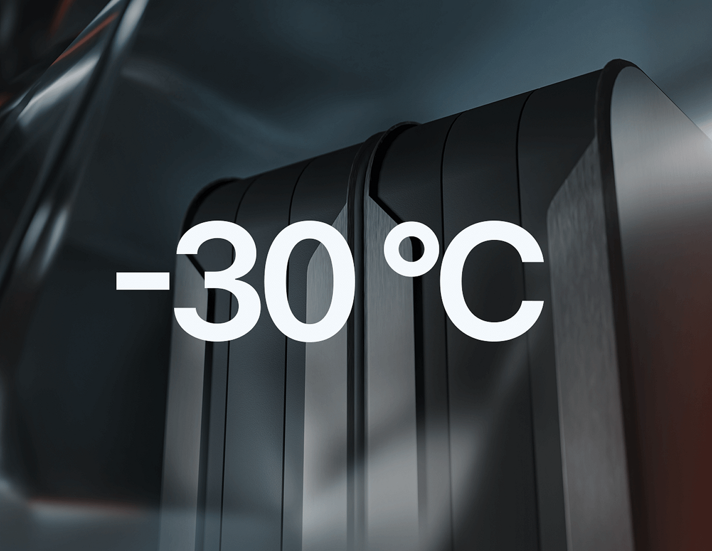 Metal fins or panels are shown in the background, with the text "-30°C" prominently displayed in large white letters, suggesting extremely cold temperatures.