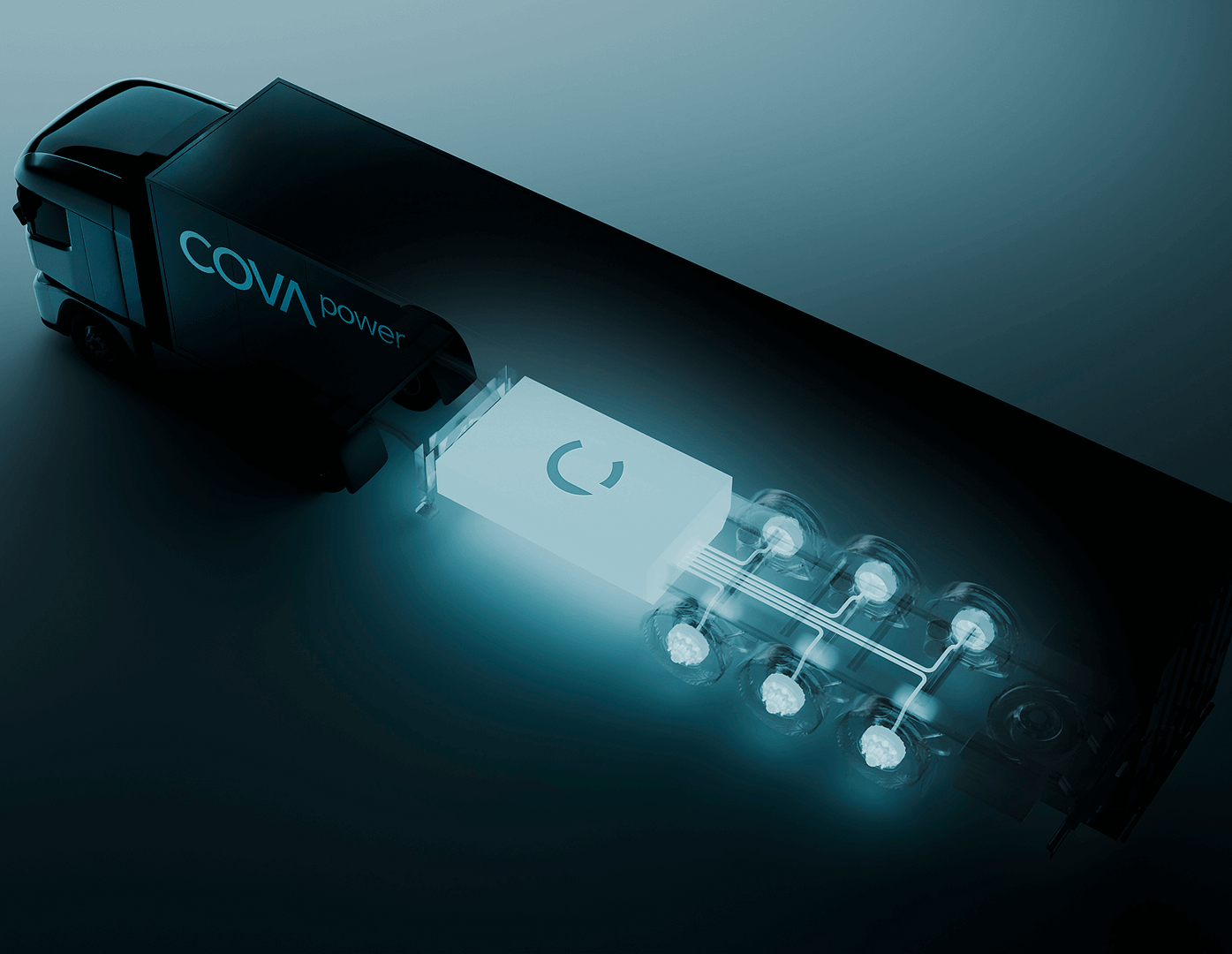 A dark, stylized illustration of a truck labeled "COVA power" with its trailer revealing blue-lit technical components and circuitry, symbolizing advanced or electrified vehicle technology.