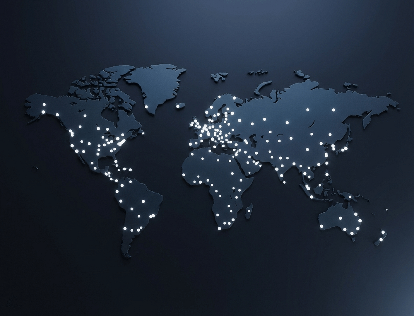 A dark world map with glowing white dots scattered across various countries and continents, representing major cities or global connection points.