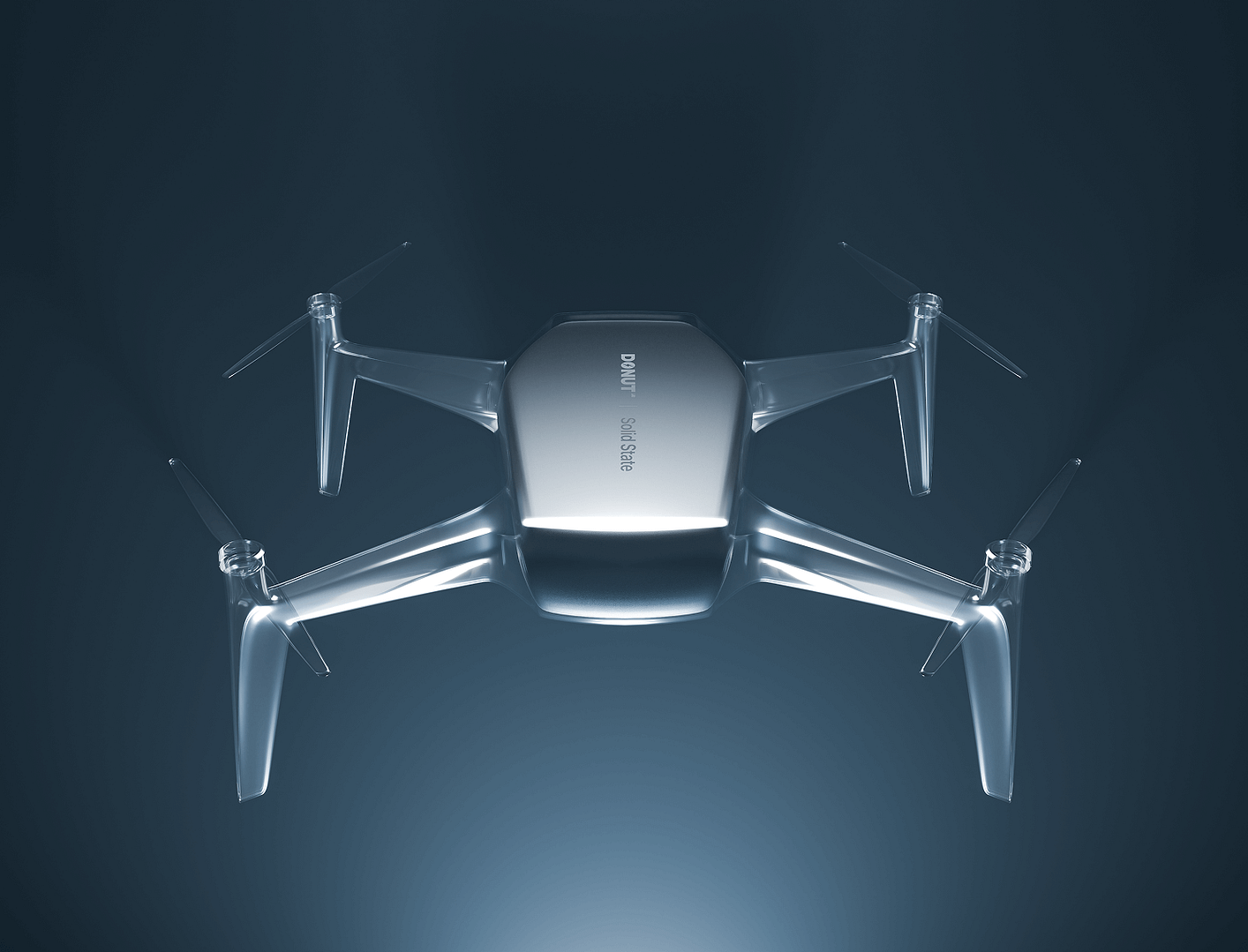 A sleek, modern drone with four propellers is shown in a well-lit, high-contrast environment, viewed from above. The drone has a streamlined design and the words "DRONE S345 4K" printed on its body.