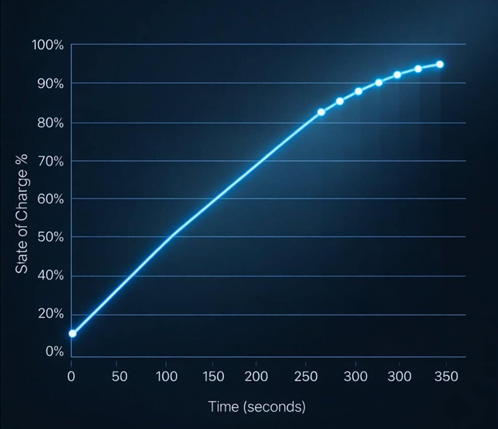 A line graph showing state of charge (%) on the y-axis increasing over time (seconds) on the x-axis, starting at 0% and reaching about 95% after 350 seconds. The charge rate gradually slows as it nears full charge.