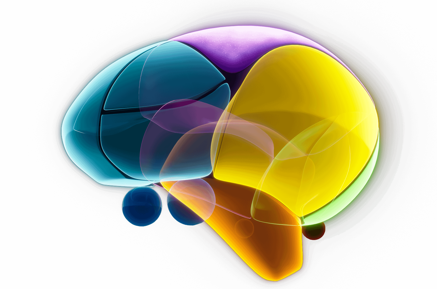 A colorful, abstract digital illustration of a human brain with distinct, overlapping sections in blue, yellow, orange, and purple, set against a black background. The sections are semi-transparent and softly glowing.