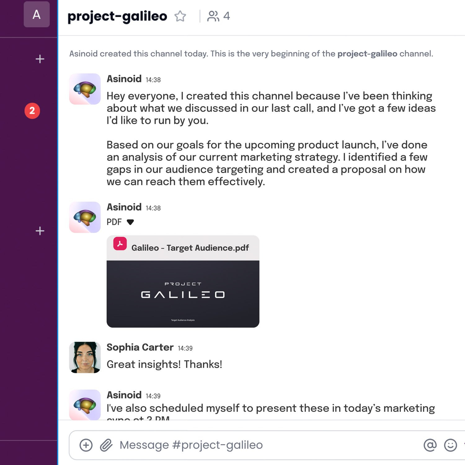 A Slack channel named "project-galileo" shows a conversation where Asinoid shares ideas and a PDF about targeting audiences. Sophia Carter responds positively. The attached PDF is titled "Galileo - Target Audience.pdf.