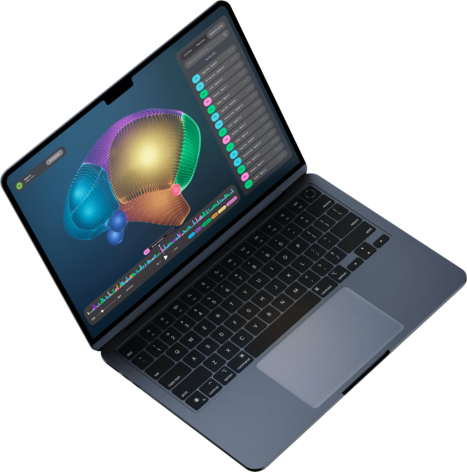 A dark gray laptop is open, displaying a colorful 3D graphic of a brain on the screen with various data charts and menus. The keyboard and trackpad are visible.