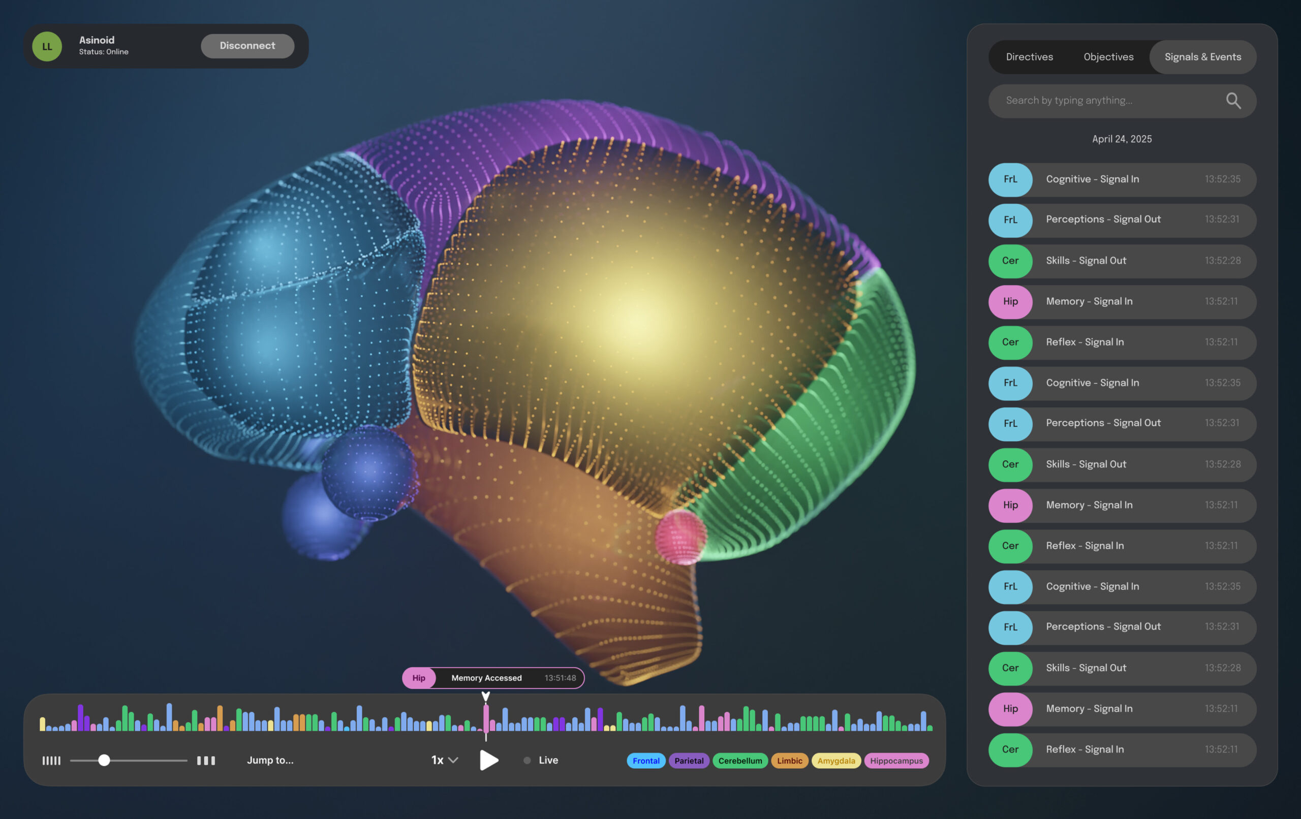 A colorful, 3D digital illustration of a human brain is segmented into four regions, with a glowing center. The right panel displays event logs, while a timeline appears at the bottom. The interface suggests brain activity tracking.