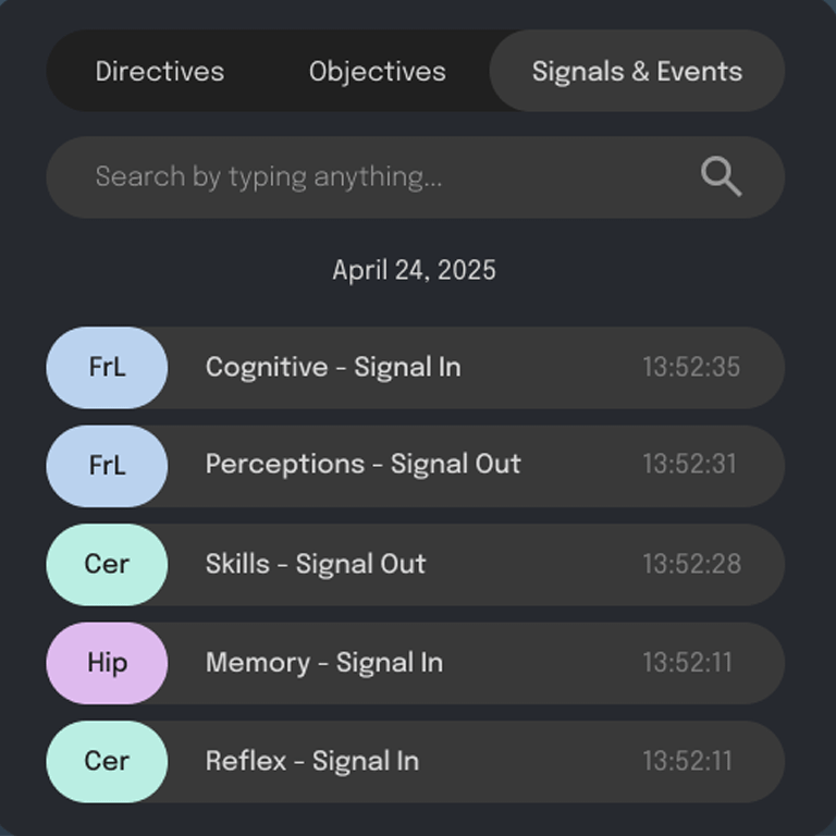 A digital dashboard displays a list of signals and events dated April 24, 2025, showing categories like Cognitive, Perceptions, Skills, Memory, and Reflex with color-coded labels and timestamps.