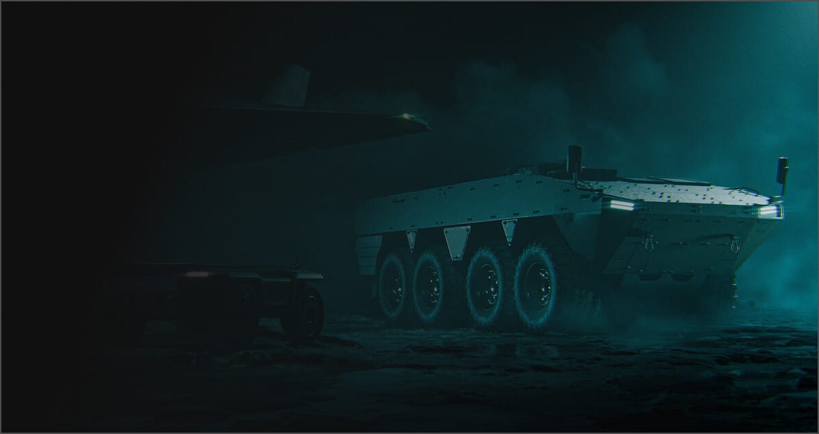 An armored military vehicle with six large wheels is illuminated in a dark, foggy environment, emitting headlights and surrounded by mist and shadows.