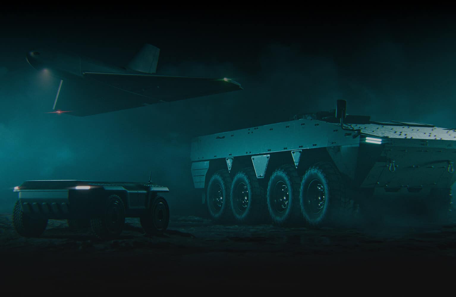 A military drone flies above a large armored vehicle with multiple wheels, while a smaller robotic ground vehicle moves nearby in a dark, misty environment.