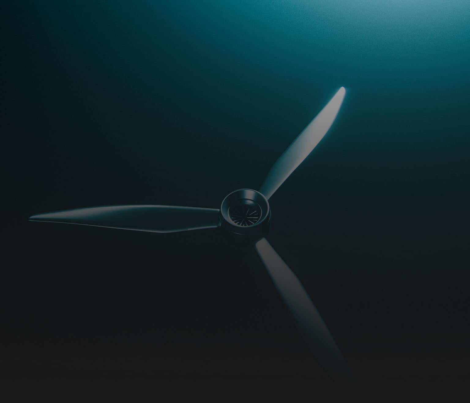 A close-up view of a three-blade propeller or turbine, partially illuminated with a teal light, set against a dark, gradient background.