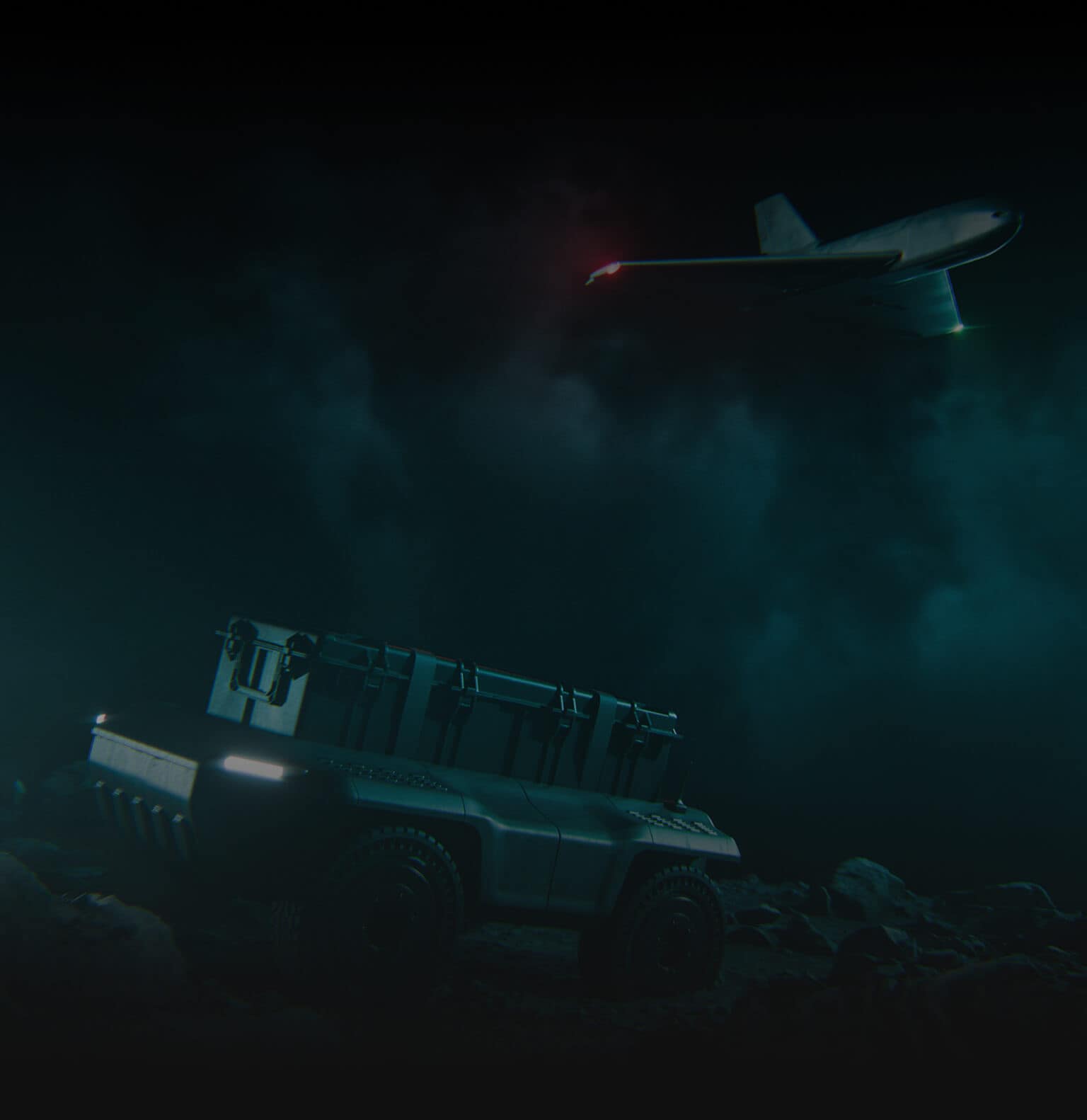 A dark, moody scene with a military-style off-road vehicle on rocky terrain in the foreground and a drone flying overhead against a cloudy, night sky with faint red and green lights.