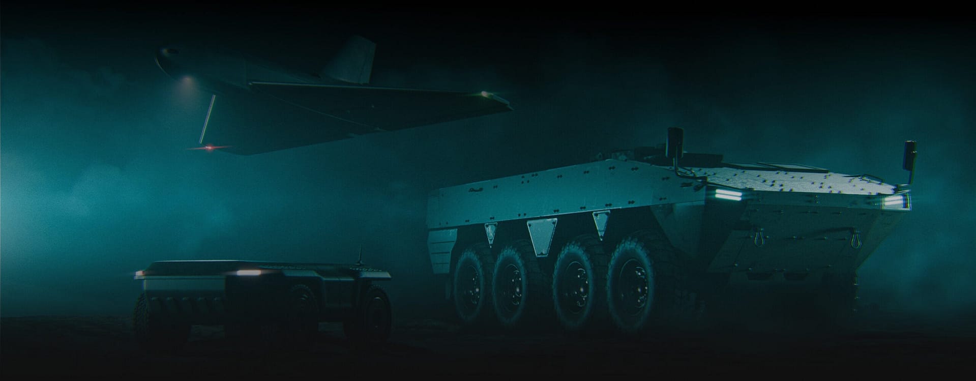 A futuristic eight-wheeled armored vehicle, a smaller four-wheeled robot, and a stealth drone hover in a dark, misty environment with blue-green lighting.