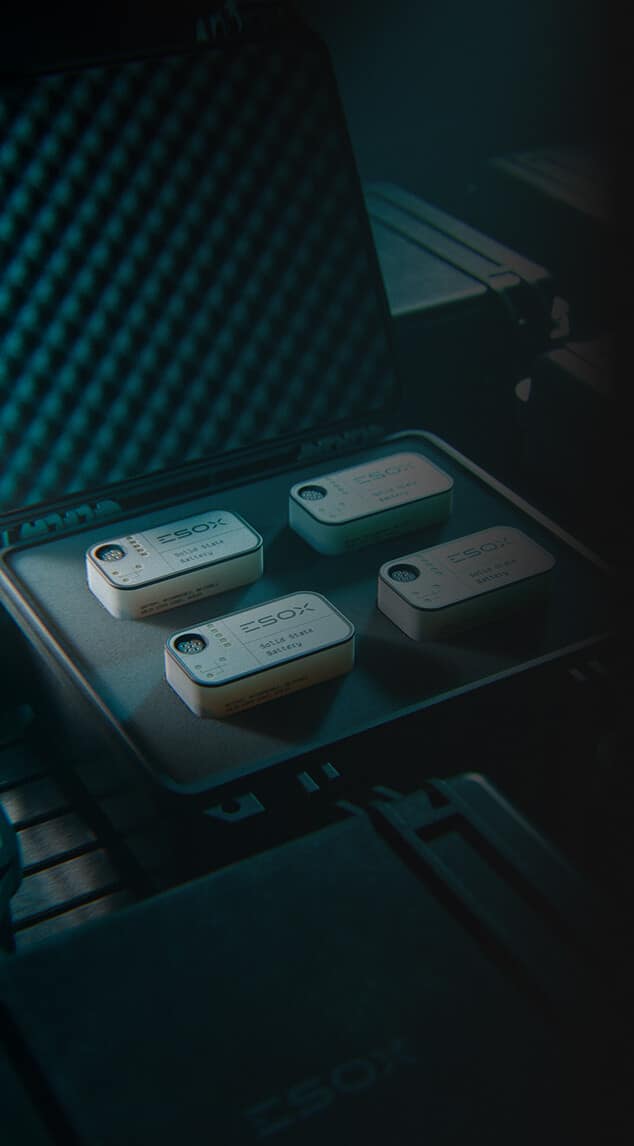 A padded case contains four labeled rectangular devices placed neatly in a foam insert, each labeled “ESOX” and displaying a QR code and additional text on the top surface. The scene has a moody, teal lighting.