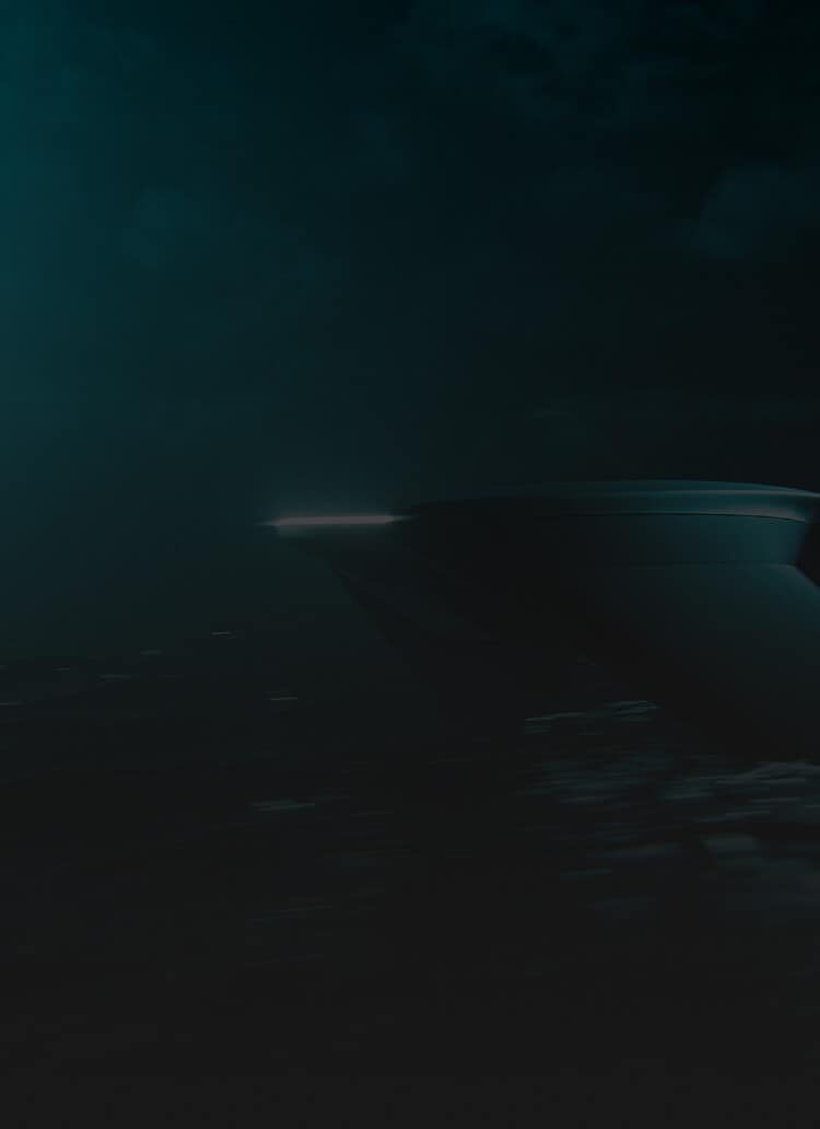 A dark, moody image of a large ship’s bow cutting through the ocean at night, with dim lighting and cloudy skies creating a mysterious atmosphere.