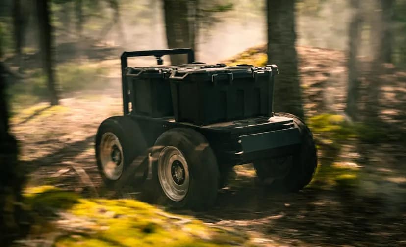 A rugged, four-wheeled robotic vehicle drives quickly through a sunlit forest, kicking up dust and navigating uneven terrain with ease.