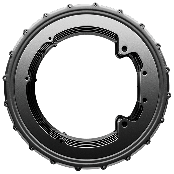 A circular, metallic parking brake rotor with a industrial look. The black and silver finish is sleek, with precise ridges and bolt holes evenly spaced along the edge.
