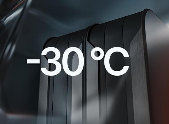 Operation in extreme cold environments A digital image showing a close-up of a black, ridged object with the text "-30°C" in large white font overlaid in the center, indicating a temperature of minus 30 degrees Celsius.
