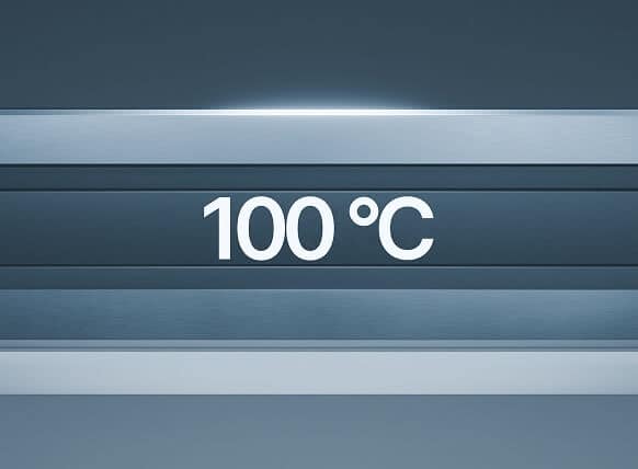 Operation in extreme heat environments A digital display shows the temperature "100 °C" in white text on a gray metallic background.