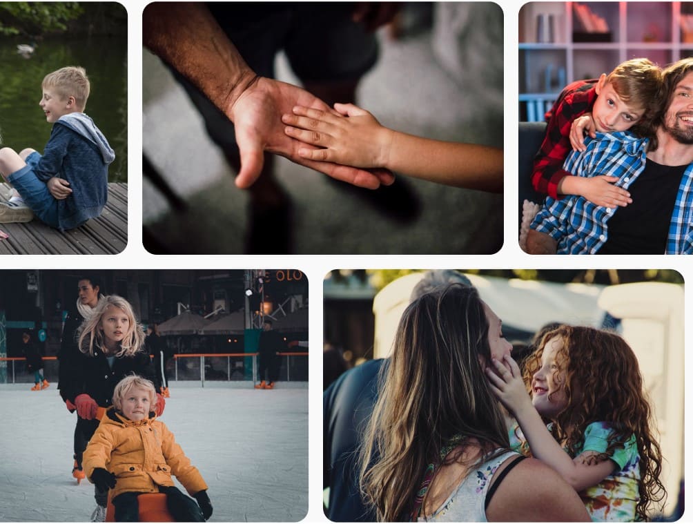 A collage of five images showing children and adults bonding: two boys by a pond, two hands touching, a child hugging a man, a woman smiling with a child, and two kids ice skating together.
