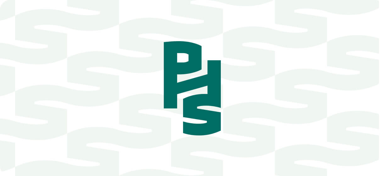 Dark green letters "PHS" stacked vertically on a white background with a light, repeating abstract wave pattern.