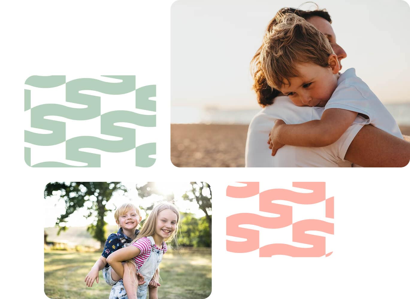 A collage with two photos: a parent holding a young child on a beach, and a girl giving a piggyback ride to a younger boy outdoors. Decorative green and pink wavy patterns are also included.
