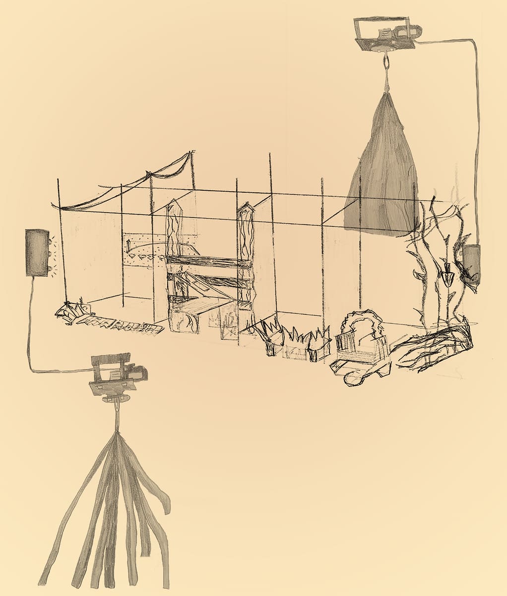 A black and white sketch of the exhibition plan for Waethered Together