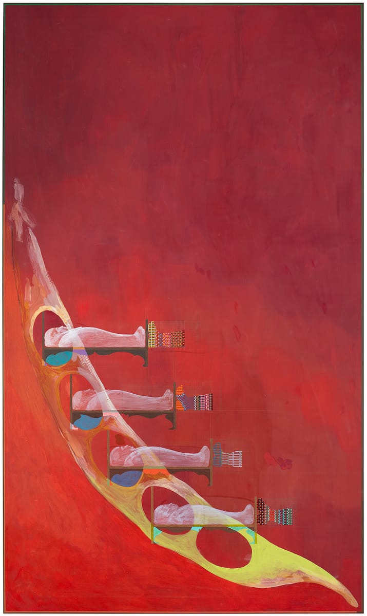 Kasper Bosmans, Great Shoes to Fill, 2026. Acrylic dispersion, pencil on silverpoint on oak panel, 110 × 65 cm. Courtesy the artist and Gladstone Gallery, Brussels. Photo: Jussi Tiainen