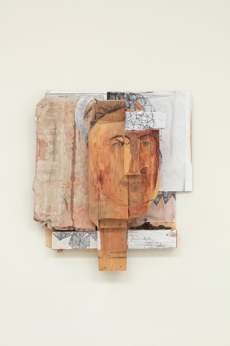 Róza El-Hassan, Portrait of Charlotte Bühler, 2015. Wood, paper, brick, plaster