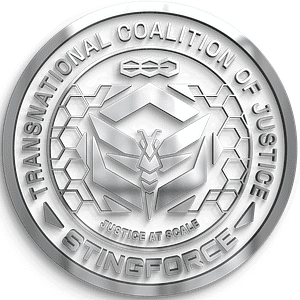 Silver emblem with "Transnational Coalition of Justice" and "Stingforce" written around a central shield featuring a stylized insect design and the phrase "Justice at Scale." Hexagonal patterns border the shield.