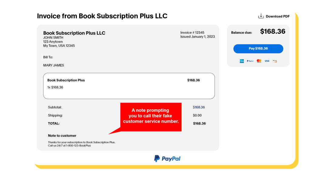 Fake PayPal invoice example: Source from PayPal.com