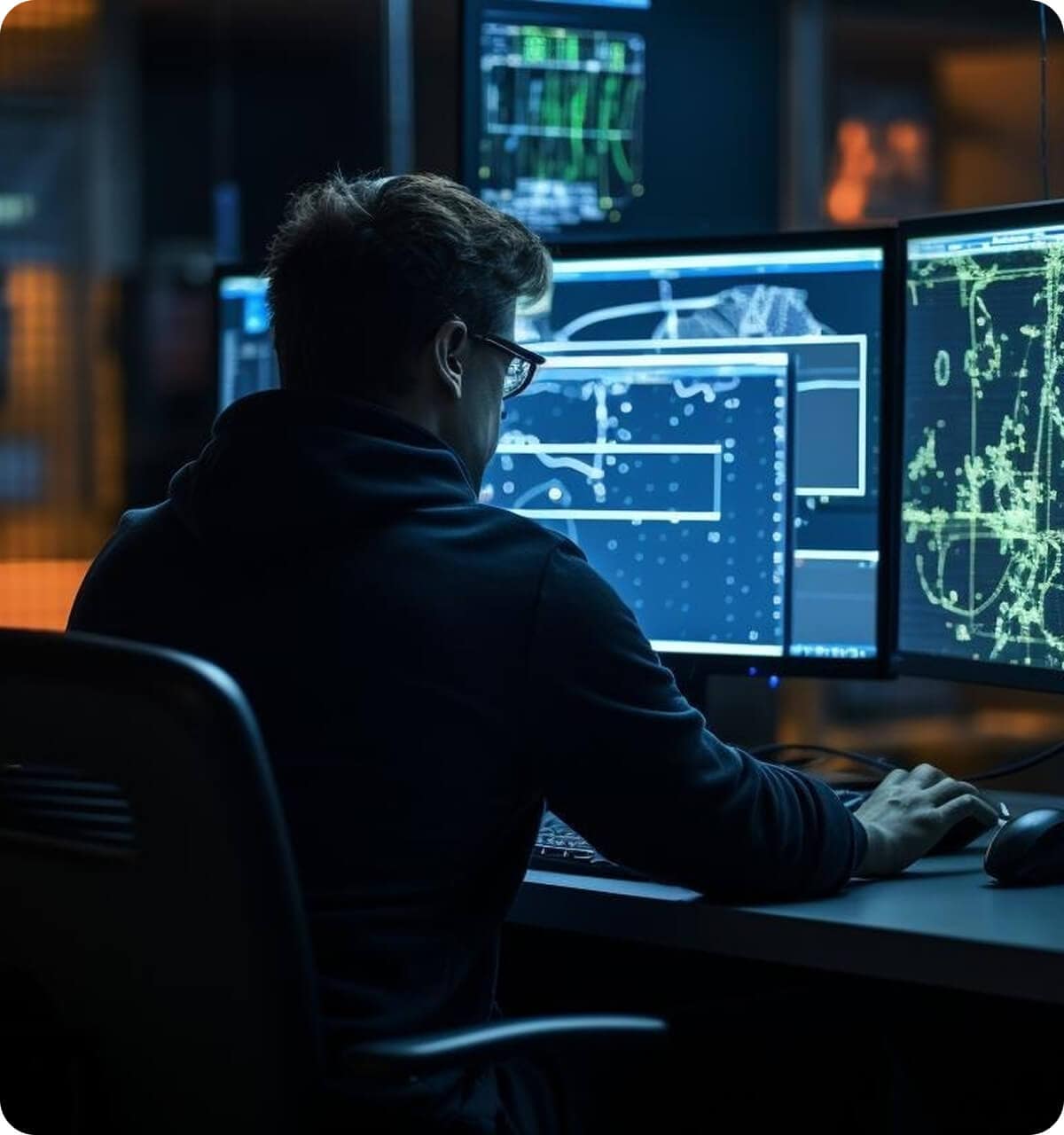 A person wearing glasses and a dark hoodie is sitting at a desk with multiple monitors displaying complex technical diagrams and data in a dimly lit, modern workspace.