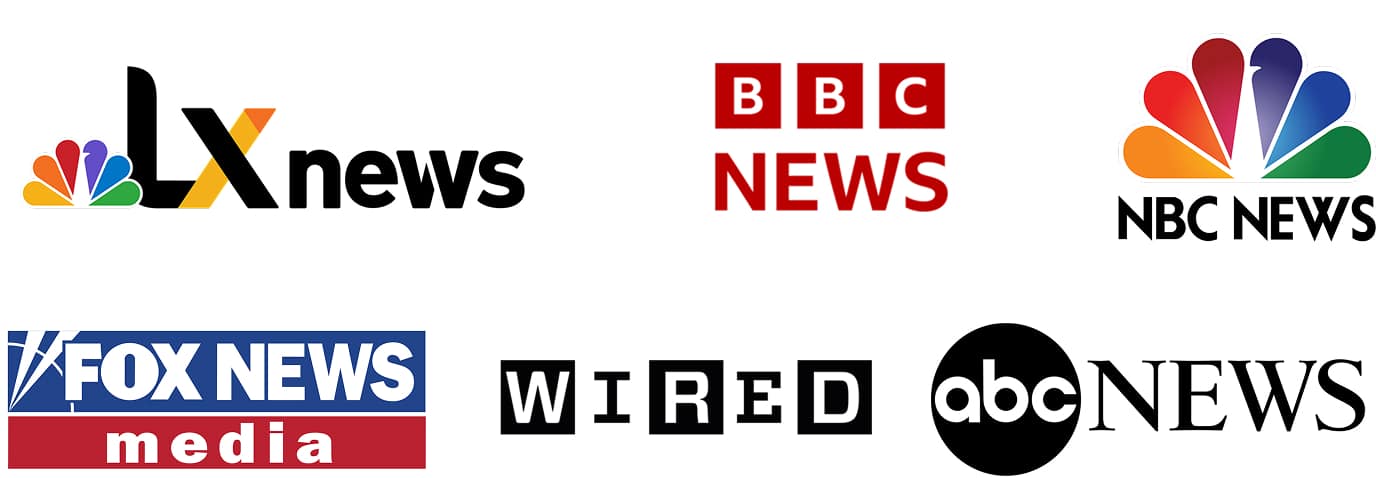 Logos of major news organizations: LX News, BBC News, NBC News, Fox News Media, Wired, and ABC News, displayed on a white background.