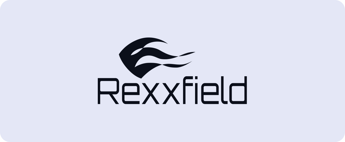 The image shows the Rexxfield logo, featuring a stylized, abstract black shape resembling an eye or flame, above the word "Rexxfield" written in a modern, bold font on a light grey background.