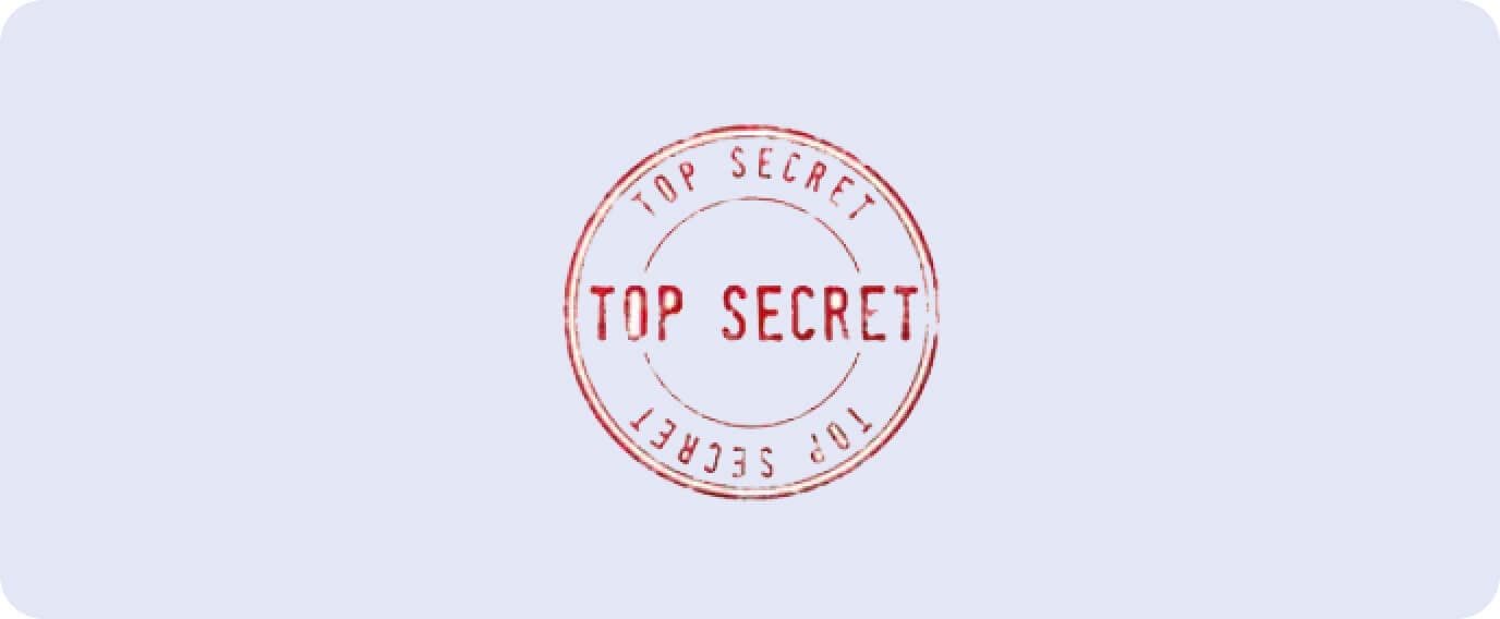 A red circular "TOP SECRET" stamp appears in the center of a light blue background. The words "TOP SECRET" are repeated along the border of the circle.
