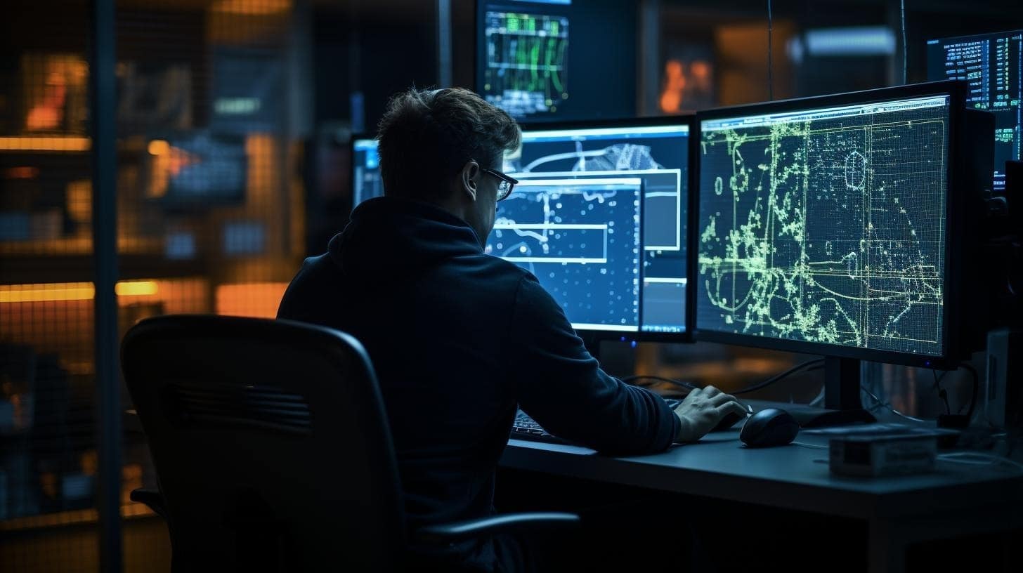 A person sits at a desk in a dimly lit room, working on multiple computer monitors displaying technical diagrams, maps, and data analysis, suggesting a cybersecurity or research environment.