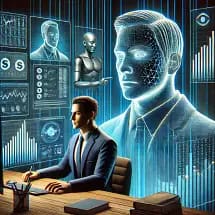 A man in a suit sits at a desk with documents, while holographic screens show charts, a digital face, and an AI robot, illustrating advanced technology and artificial intelligence in a business setting.