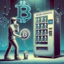 A person inserts a Bitcoin token into a vending machine labeled "Double-Spending," receiving a product while another Bitcoin token drops into a bucket below. A large Bitcoin symbol is displayed in the background.
