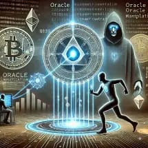 A digital artwork shows cryptocurrency symbols like Bitcoin and Ethereum, a hooded figure, a computer user, and a glowing running figure, all surrounded by futuristic, glowing circuit patterns and data graphics.
