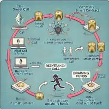 A diagram illustrating a reentrancy attack on smart contracts, showing stages from an initial call to repeated calls draining funds, with icons representing contracts, funds, and a running figure.