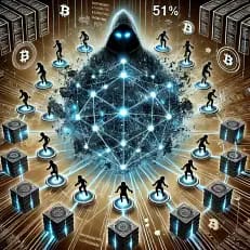 A hooded figure with glowing eyes stands at the center of a digital network, surrounded by blockchain symbols, servers, and human silhouettes, representing a cryptocurrency cyberattack or 51% attack scenario.