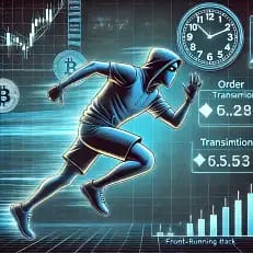 Illustration of a hooded figure running amid digital financial graphics, Bitcoin symbols, clocks, and transaction data, symbolizing cybercrime or digital fraud in cryptocurrency trading.