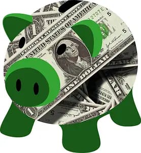 A piggy bank illustration featuring the body filled with overlapping U.S. dollar bills, symbolizing saving money or financial savings.