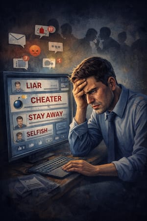 distressed man reading online defamation smear campaign
