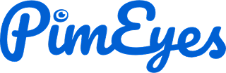 Blue cursive "PimEyes" logo on a light gray background, with the dot of the "i" stylized as an eye.