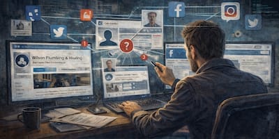 Cyber investigator analyzing fake social media accounts impersonating a business