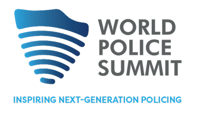 Logo for the World Police Summit featuring blue curved lines forming a shield shape, with the text "World Police Summit" beside it and the tagline "Inspiring Next-Generation Policing" below.