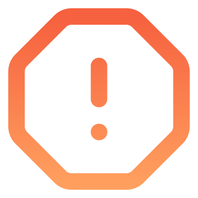 A bold orange exclamation mark inside an octagonal border, resembling a warning or alert symbol, on a light gray background.
