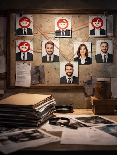 A corkboard displays headshots of six people, connected by red string. Some faces are covered with a red target symbol. Papers, folders, and handcuffs are scattered on the desk below, suggesting an investigation.
